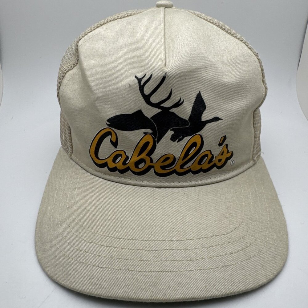 Vintage Cabela's Trucker Hat Tan Mesh Snapback Logo Elk Deer Adjustable OSFA G41